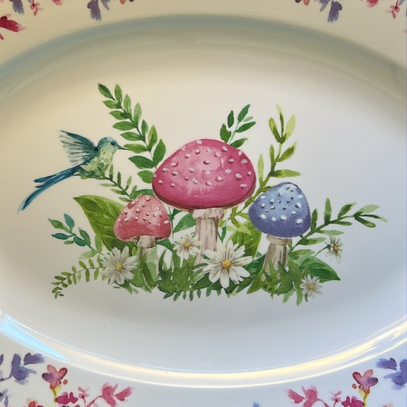 Blueberry Cove Mushroom Floral Bird Oval Platter Melamine NEW Pink Purple Blue - Picture 3 of 4